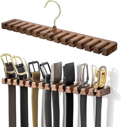 Wooden Belt Rack for Closet Wall Mount, Sturdy Belt Hanger Organizer Holds 14 Belts, Space Saving Belt Holder for Closet Door Wall, Walnut