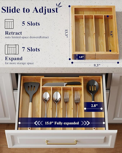 Kitsure Silverware Organizer - Expandable Bamboo Kitchen Drawer Organizer for Cooking Utensils and Cutlery, Sturdy & Thickened Kitchen Organizers and Storage Solution, Medium, Natural