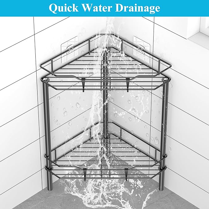 HuggieGems 2 Tier Floor Standing Corner Shower Caddy Organizer Shelf with Hooks, Bathroom Shelves Stand Rack, Matt Black
