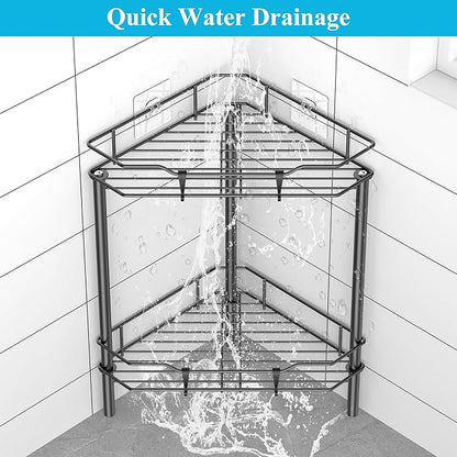 HuggieGems 2 Tier Floor Standing Corner Shower Caddy Organizer Shelf with Hooks, Bathroom Shelves Stand Rack, Matt Black