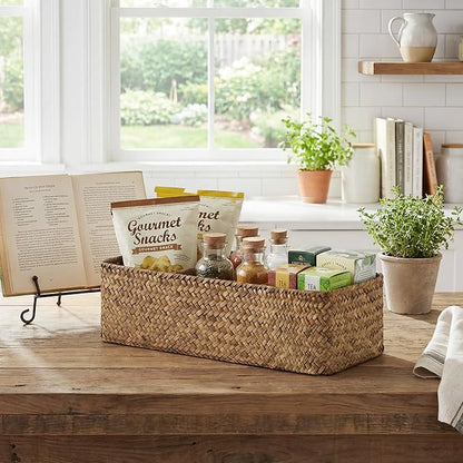 StorageWorks Toilet Paper Baskets for Shelves, 3-Section Wicker Baskets Storage, Back of Toilet Basket for Tank Topper, Counter, Pantry, Living Room Decor, 2 Pack Seagrass Basket