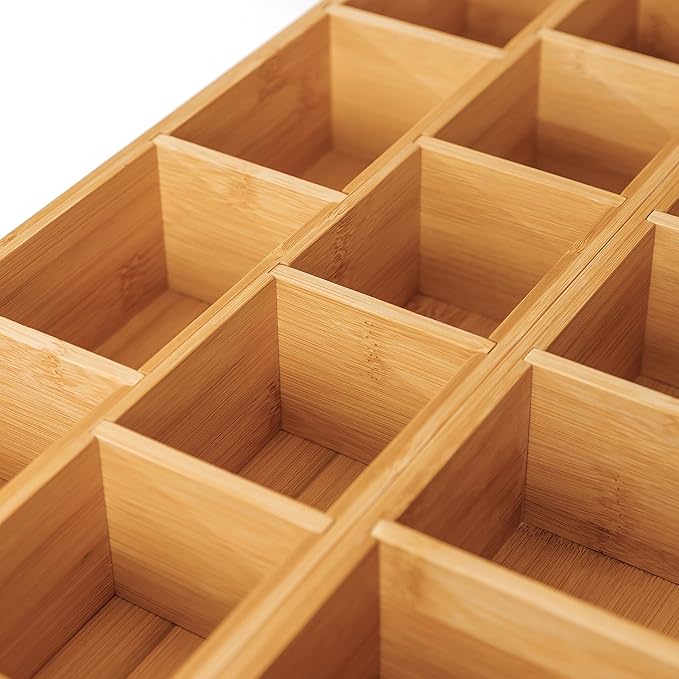 KitchenEdge Premium Utensils and Tea Bag Drawer Organizers – 14-Compartment Design with Removable Dividers, Non-Slip Feet, 100% Sustainable Bamboo, 2 Pack