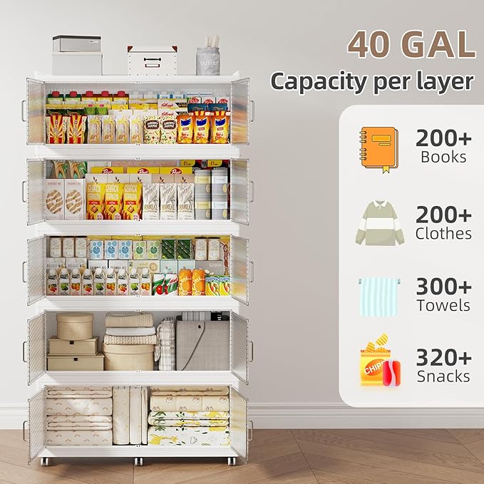 SAILUN 250Gal Extra Large Stackable Storage Bins with a Lid, Collapsible Storage Bins With Doors and Wheels, Foldable Storage Cabinet for Garage Closet Organization, White, 4Pack