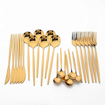 24 Piece Hanging Flatware Set, Stainless Steel Family Kitchen Utensil Set with Rack, Cutlery set for 6 with Holder, Silverware Sets with Holder, Hanging flatware set, Mirror Polished(Gold)