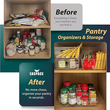 4-Pack Pantry Organizer Bins – Clear Storage Containers for Pantry, Kitchen, Fridge, Cabinet, or Shelf – Perfect for Snacks, Food, Drinks & Multi Purpose