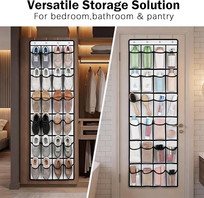 Over the Door Shoe Organizer, 24 Large Breathable Mesh Pockets, Space Saving Hanging Storage, Holds Up to 40 lbs, Hangs on Closets for Shoes, Accessories, White