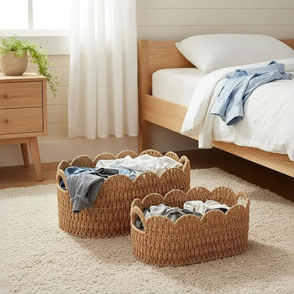 Coeusy Paper Rope Scalloped Basket Set of 2,Woven Storage Baskets for Shelves,Laundry,Towels,Clothes,Books,Toys,Cute Decor Baskets for Organizing,Natural Color
