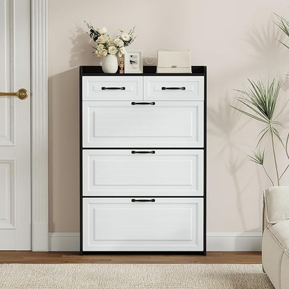 Shoe Cabinet with 3 Large Flip Drawers & 2 Storage Drawers, Narrow Shoe Organizer Cabinet Fits for Kinds of Shoes, Slim Shoe Storage Cabinet for Entryway, Hallway, Bedroom, Black and White