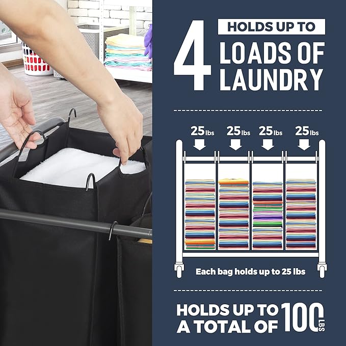 STO STO Laundry Sorter 4 Section, 4 Bag Clothes Hamper, Rolling Laundry Cart Basket with Heavy Duty Lockable Wheels and Removable Bag for Laundry Room, Bedroom, Closet, Black
