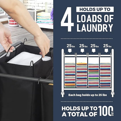 STO STO Laundry Sorter 4 Section, 4 Bag Clothes Hamper, Rolling Laundry Cart Basket with Heavy Duty Lockable Wheels and Removable Bag for Laundry Room, Bedroom, Closet, Black