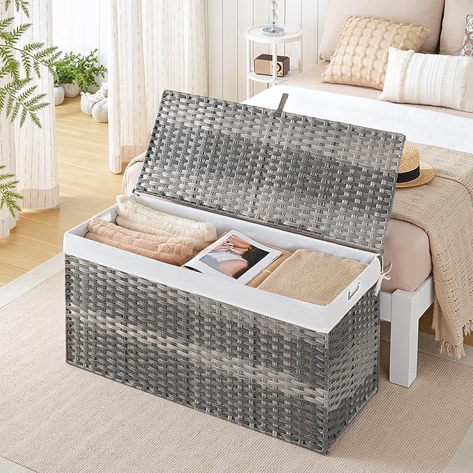 HOOBRO Storage Basket with Lid, 52.8 Gallon (200L) Wicker Basket, Handwoven Blanket Storage Basket with Handles, Metal Frame and Soft Lining, Foldable for Bedroom, Laundry Room, Gray GY220CW01