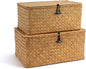 Nonam Storage Basket with Lid, Natural Seagrass Bin with Lid Set of 2, Shelf Baskets Multipurpose Container for Boho Decoration, Rectangular Household Storage Boxes for Home Organization-Natural