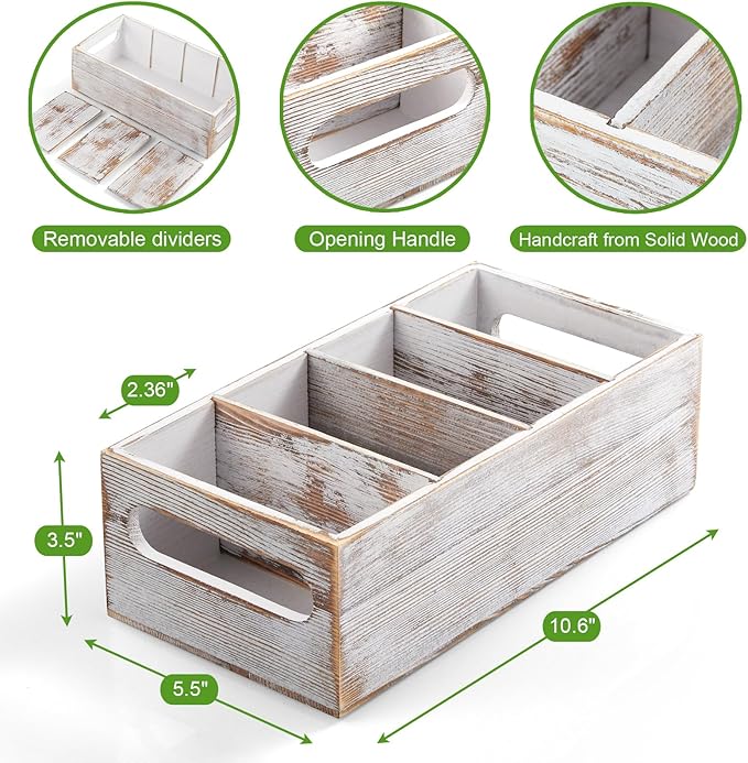 DRASTAR Pantry Organization and Storage Bins, Seasoning Packet Organizer with Removable Dividers,Wooden Storage Caddy for Kitchen, Pantry, Cabinet, Countertop， Whitewashed
