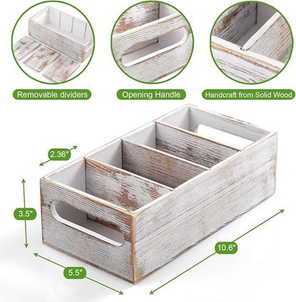 DRASTAR Pantry Organization and Storage Bins, Seasoning Packet Organizer with Removable Dividers,Wooden Storage Caddy for Kitchen, Pantry, Cabinet, Countertop， Whitewashed