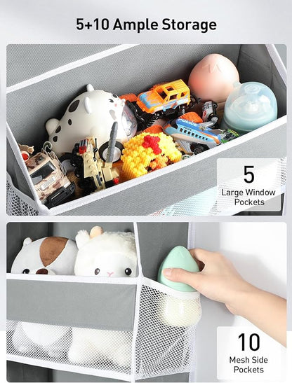 Yecaye 1 Pc Over the Door Organizer with 5 Bins 10 Side Pockets, 44lbs Load Hanging Bathroom and Bedroom Organizer, behind the Door Hanging Organizers for Nursery Newborn Baby Essential Stuff Grey