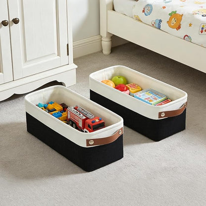 Bagnizer Small Fabric Storage Baskets, 15x6x5 inch Narrow Storage Bins 4-Pack Long Storage Basket for Organizing with Handles, Decorative Basket for Closets, Shelves, Toilet Paper, Black