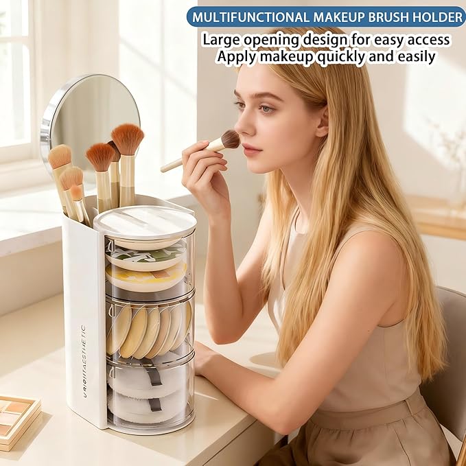 Azurphoric Hair Accessories Organizer with Hair Brush Holder, Rotatable Makeup Brush Holder for Necklaces, Earring, Bracelet, Ring, Makeup Brushes, Hair Clip and Hair Accessories (White, 3-Layer)