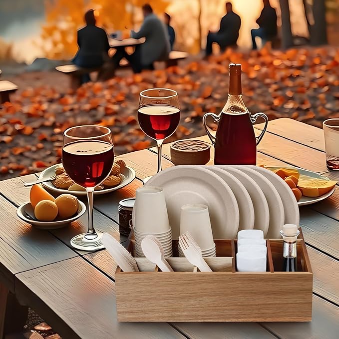 Acacia Wood Utensil Holder for Party, Paper Plate Organizer Silverware Caddy with 6 Compartments for Plate, Cup, Fork, Spoon, Cutlery Holder Countertop for Kitchen Camping Buffet