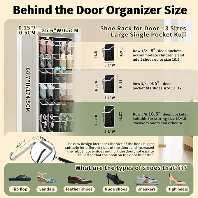 PAULONE Over the Door Organizer with 30 Large Pockets, 3 Sizes of Closet Hangers, Holds up to 69 lbs, Hanging Organizer with Clear Window for Children's Toys, Shoes, Diapers (Black)