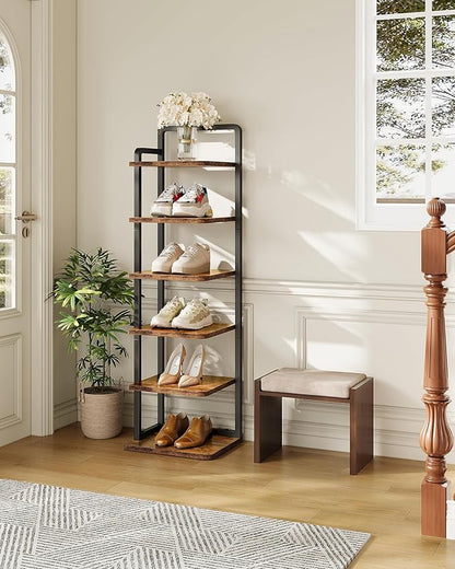 CHOEZON 6-Tier Vertical Shoe Rack, Narrow Shoe Tower, Corner Shoe Storage Organizer, Shoe Shelf, for Small Spaces, Industrial Style, for Entryway, Hallway, Living Room, Rustic Brown and Black TXJ06BF