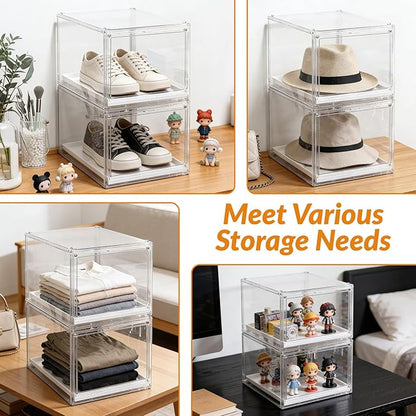 2 Pack Clear Hat Organizer Box, Stackable Cap Storage Display Case with Magnetic Door & Sliding Drawer Tray, Dustproof Hat Container Holds 10 Hats per Box (Clear, 2 Pack)