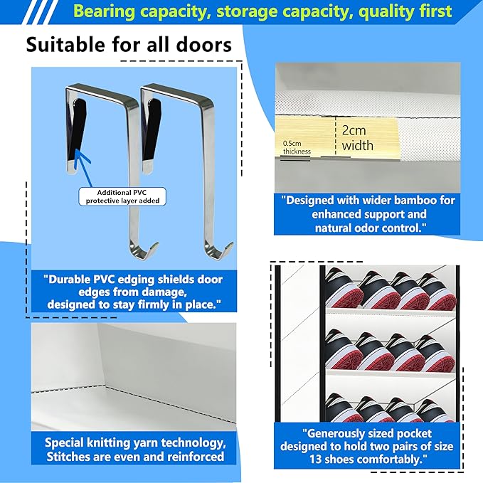 Over the Door Shoe Organizer, 20 to 30 Pairs Hanging Shoe Holder, Heavy Duty Extra Deep Pockets Shoe Storage for Closet, Anti-Scratch Hooks & FSC-Certified Bamboo - White