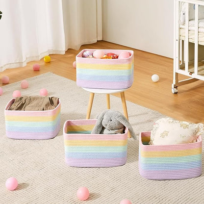 Set of 4 Rainbow Rope Basket for Shelves Woven Rectangle Storage Basket Bins for Nursery Toy Storage for Baby Girl