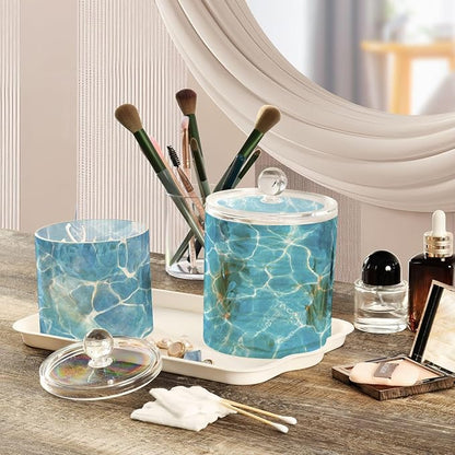 2 Pack Qtip Dispenser Apothecary Jars with Lids Cotton Round Holder Bathroom Canisters for Cotton Swab Floss Ball Pads Clear Plastic Decorative Summer Blue Pool Ripples