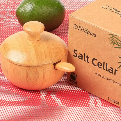 Bamboo Salt Bowl with Lid and Spoon, Small Wooden Spice Cellar for Storing Salt/Pepper/Herbs, Mini Rustic Seasoning Container Holder for Kitchen Countertop, 1/4 Cup Capacity