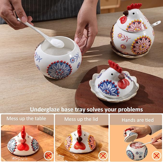 2 Pcs Ceramic Salt Cellar with Lid 、Tray and Spoon, 13 OZ Large Chicken Salt Jar, Salt Holder for Counter, Coffee, Sugar, Spices and Candies, Salt Containers for Countertop (Bule and Red)