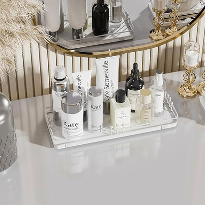 Bathroom Vanity Tray for Countertop Toiletries Perfume Makeup Soap Dispenser Toilet Tank, Kitchen Tray for Salt Spice, Decor Tray for Candle Nightstand Coffee 11.3”x 4.4” White