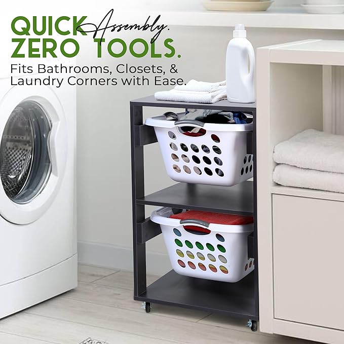 Laundry Basket Holder Shelf (2-Tier) - Stackable Engineered Wood Laundry Tower with Wheels, Tiered Laundry Hamper Organizer for Bathroom, Bedroom