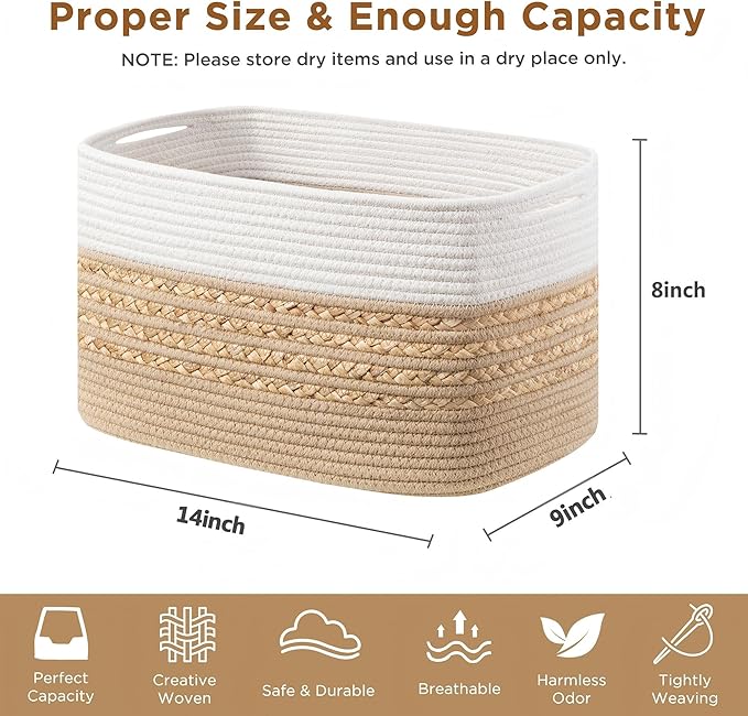 UBBCARE 4 Pack Baskets for Organizing, Woven Storage Baskets for Toys and Towel, Rectangle Cotton Rope Basket with Handles, 14''L x 8''W x9''H, Brown