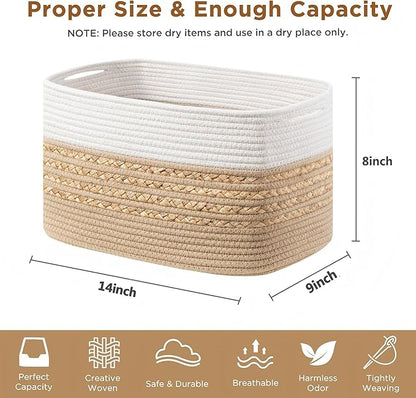 UBBCARE 4 Pack Baskets for Organizing, Woven Storage Baskets for Toys and Towel, Rectangle Cotton Rope Basket with Handles, 14''L x 8''W x9''H, Brown