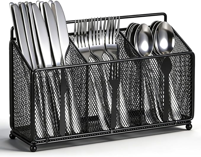 Metal Utensil Caddy Silverware Caddy, Black Silverware Holder for Countertop Flatware Utensil Cutlery Organizer Container for Spoon Fork Knives Kitchen Outdoor Party Camping Picnic Storage