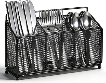 Metal Utensil Caddy Silverware Caddy, Black Silverware Holder for Countertop Flatware Utensil Cutlery Organizer Container for Spoon Fork Knives Kitchen Outdoor Party Camping Picnic Storage
