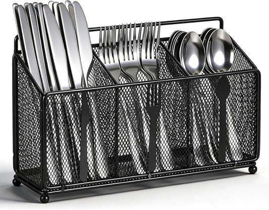 Metal Utensil Caddy Silverware Caddy, Black Silverware Holder for Countertop Flatware Utensil Cutlery Organizer Container for Spoon Fork Knives Kitchen Outdoor Party Camping Picnic Storage