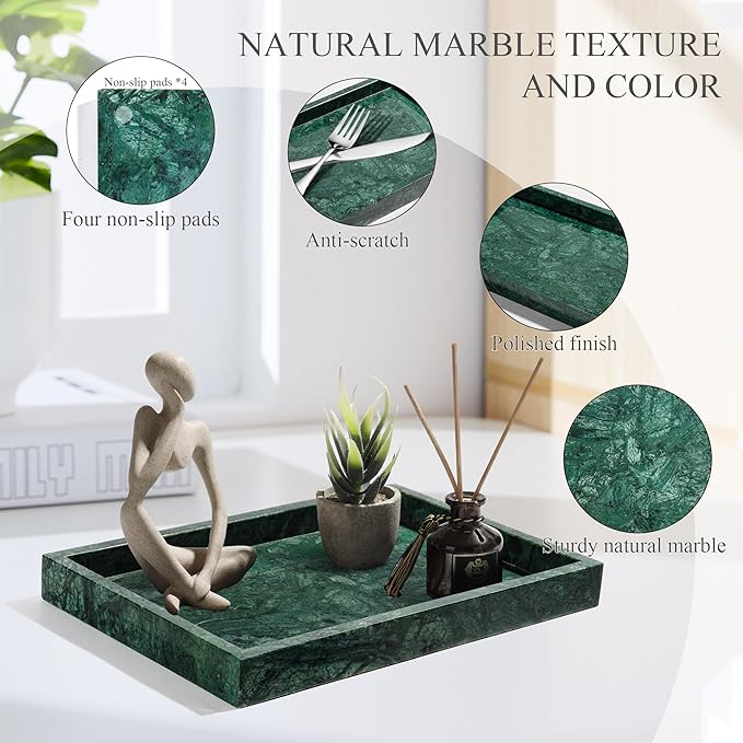 YMXYJM Real Natural Marble Tray for Bathroom, Genuine Marble Stone Vanity Tray, Luxury Storage Trays for Kitchen, Vanity, Home Decor, Dresser, Non-Resin/Non-Ceramic, 12"x 8"x 1.2", Dark Green