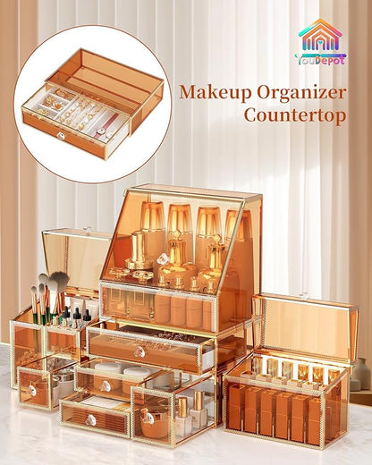 Youdepot Extra Large Makeup Organizer, Glass Cosmetic Storage with Drawers, Stackable Makeup and Jewelry Organizer for Vanity Table, Bathroom Countertop, Skincare, Lipsticks, Perfume, Brushes