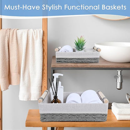 Wicker Storage Basket with Wooden Handle – Paper Rope Decorative Toilet Paper Baskets & Bathroom Organizer for Toilet Tank Top, Shelves, Bedroom, Countertop,Home,Office Storage Bins, 2 Pack,Grey