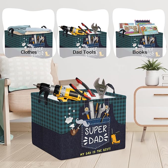 Clastyle Father‘s Day Gift Basket Empty for Dad Rectangle Plaid Tool Pipe Beard Storage Basket Clothes Book Storage Bin Organizer, Blue Apron, 40*30*30 cm