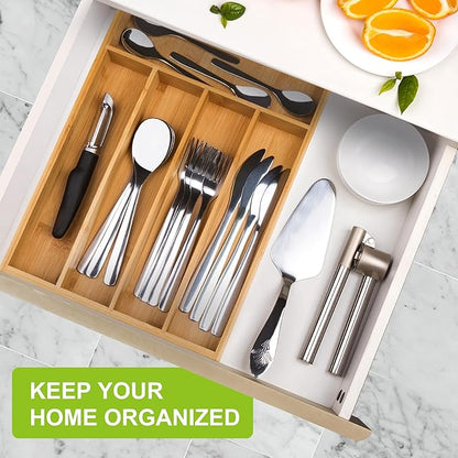 Unibambou Bamboo Utensil Drawer Organizer, Kitchen Organizer for Flatware Cutlery, Silverware Tray for Drawer (5 Slots, Natural)