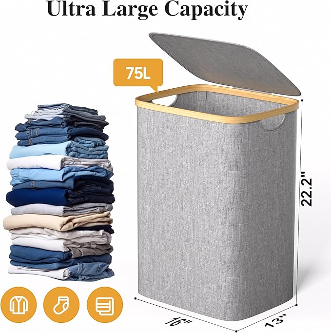 Foluck Large Laundry Hamper, 75L Waterproof Laundry Basket with Lid and Removable Bag, Collapsible Tall Clothes Hamper with Bamboo Handles for Clothes Toys in Dorm Bedroom Bathroom, Grey