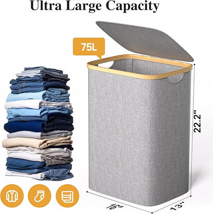 Foluck Large Laundry Hamper, 75L Waterproof Laundry Basket with Lid and Removable Bag, Collapsible Tall Clothes Hamper with Bamboo Handles for Clothes Toys in Dorm Bedroom Bathroom, Grey