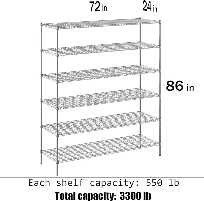 24" Deep x 72" Wide x 86" Height Wire Shelving Kit | 6-Tier | NSF Commercial Storage Rack Unit