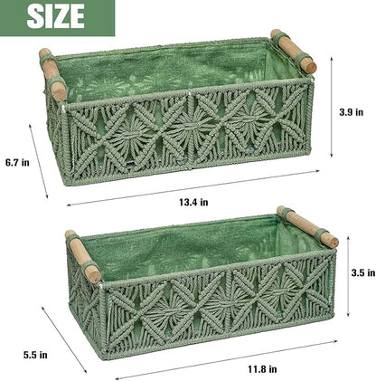 HOSROOME Macrame Boho Decor Baskets for Organizing Woven Decorative Basket for Countertop Toilet Paper Basket for Tank Top for Home Decor Bedroom Nursery Livingroom Entryway (Set of 2,Green)