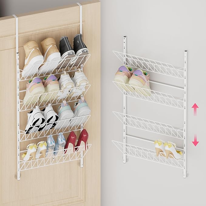 SWTYMIKI Over the Door Shoe Organizer - Adjustable 4 Tier Hanging Shoe Rack Organizer, Metal Heavy Duty Behind Door Storage or Wall Mount Shoes Shelf for Flats, Heels, Sneakers, Boots