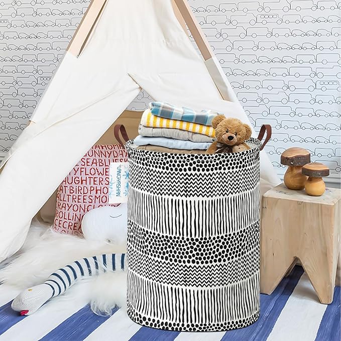 Laundry Basket Canvas Fabric Collapsible Organizer Basket for Storage Bin Toy Bins Gift Baskets Bedroom Clothes Children Nursery Hamper (Black line)