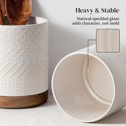 DOWAN 360° Rotating Extra Large Cooking Utensil Holder, 7.6" Kitchen Utensil Holder for Countertop, Utensil Crock for Farmhouse Kitchen Decor, Ceramic Stable Utensil Caddy, White Embossed