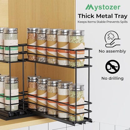 Mystozer Pull Out Spice Rack Organizer for Cabinet, Slide Out Spice Racks, Easy to Install Spice Cabinet Organizers, 5.28" Wx10.43 Dx8.26 H, 2 Drawers 2 Tiers(Black)